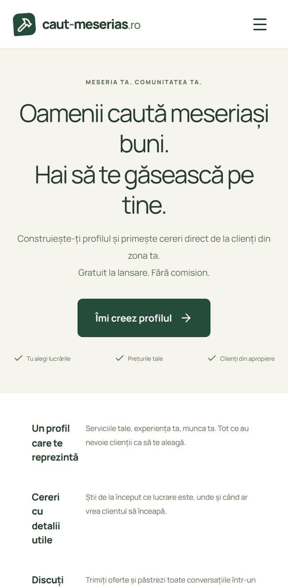 Pagina Devino meseriaș, cu butonul Îmi creez profilul