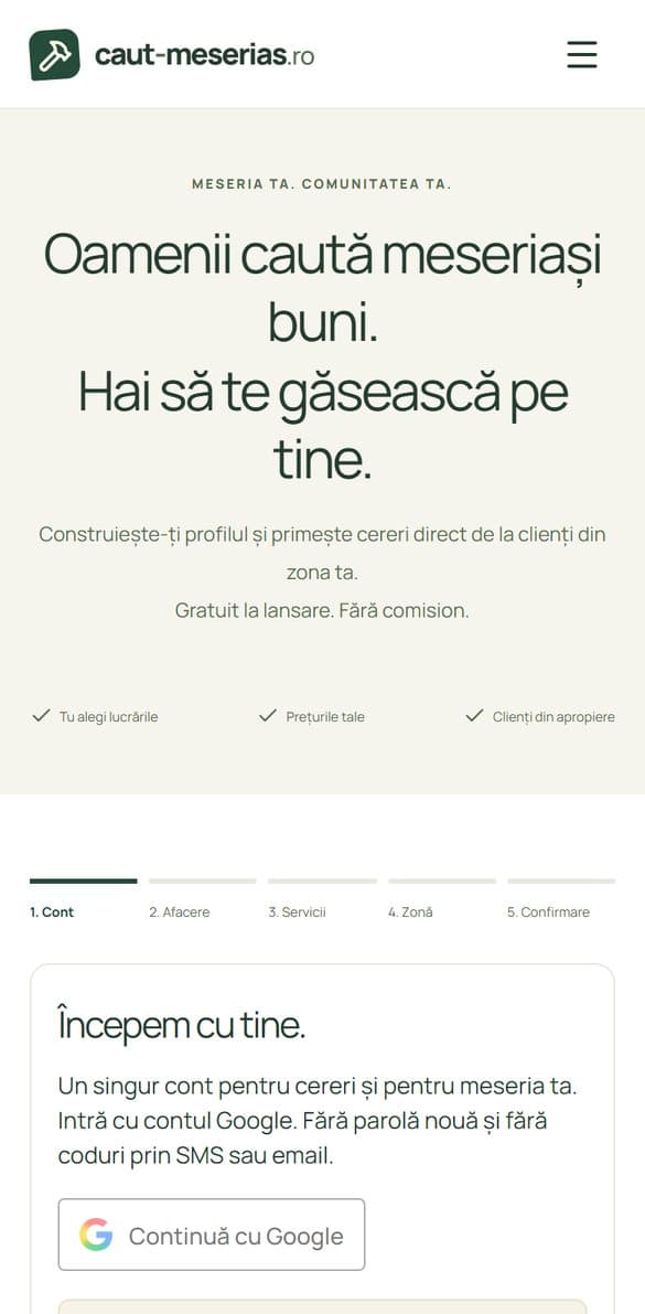 Pasul 1 Cont, cu butonul Continuă cu Google