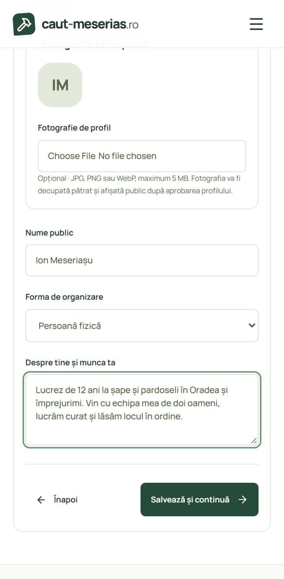 Pasul 2 Afacere, cu numele public, forma de organizare și descrierea completate
