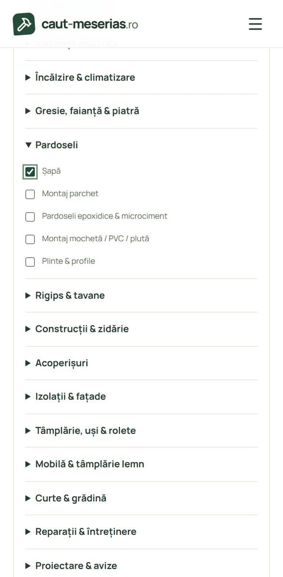 Pasul 3 Servicii, cu categoria Pardoseli deschisă și serviciul Șapă bifat