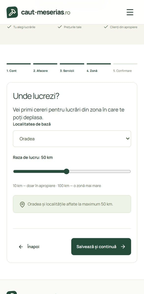 Pasul 4 Zonă, cu localitatea și raza de lucru
