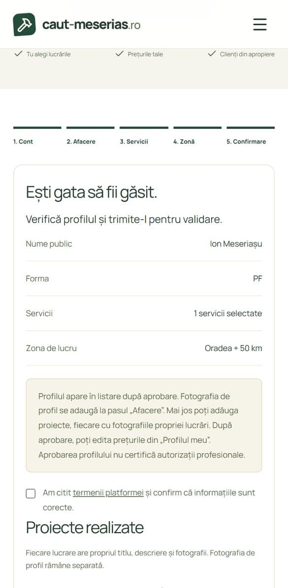 Pasul 5 Confirmare, cu rezumatul profilului