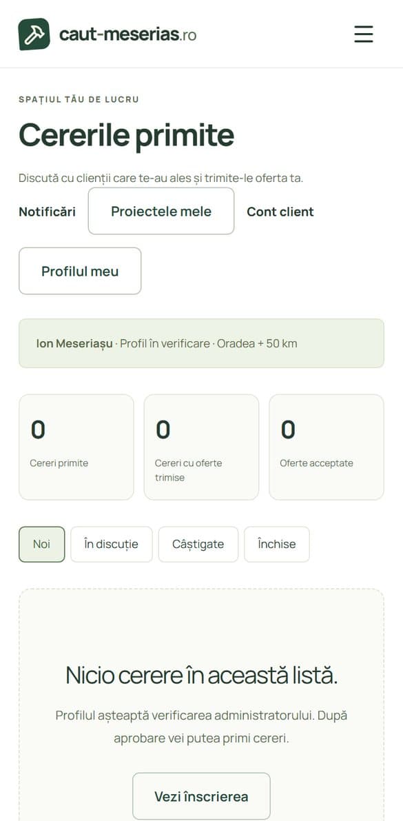 Contul de meseriaș cu starea Profil în verificare și lista goală