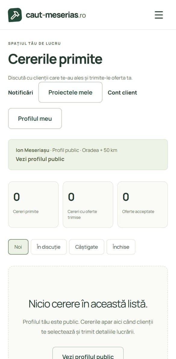 Contul de meseriaș cu starea Profil public și contoare la zero