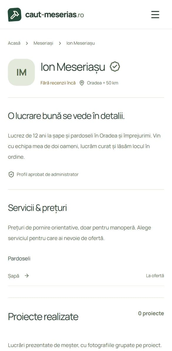 Profilul public al meseriașului, cu nume, localitate și servicii