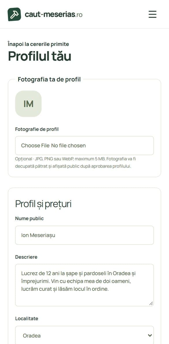 Pagina Profilul tău, cu fotografia de profil și formularul
