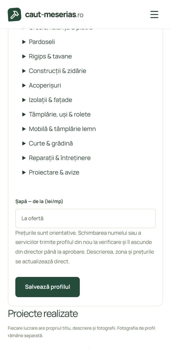 Câmpurile de prețuri și butonul Salvează profilul