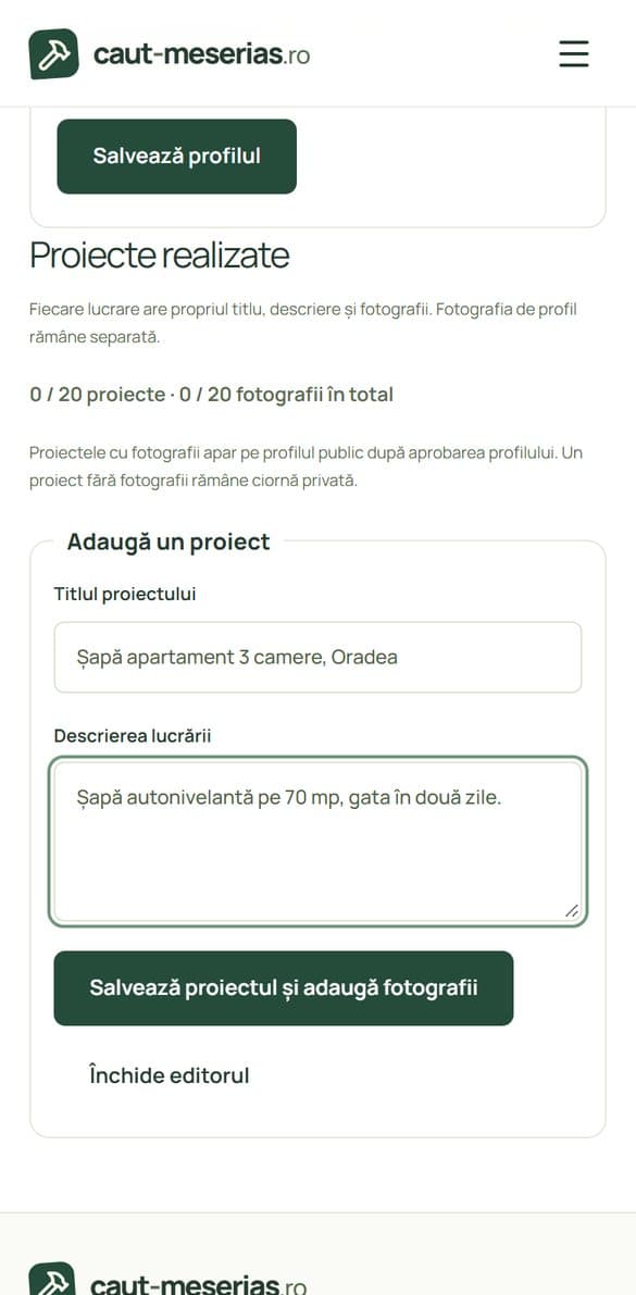 Formularul de adăugare a unui proiect, cu titlu și descriere