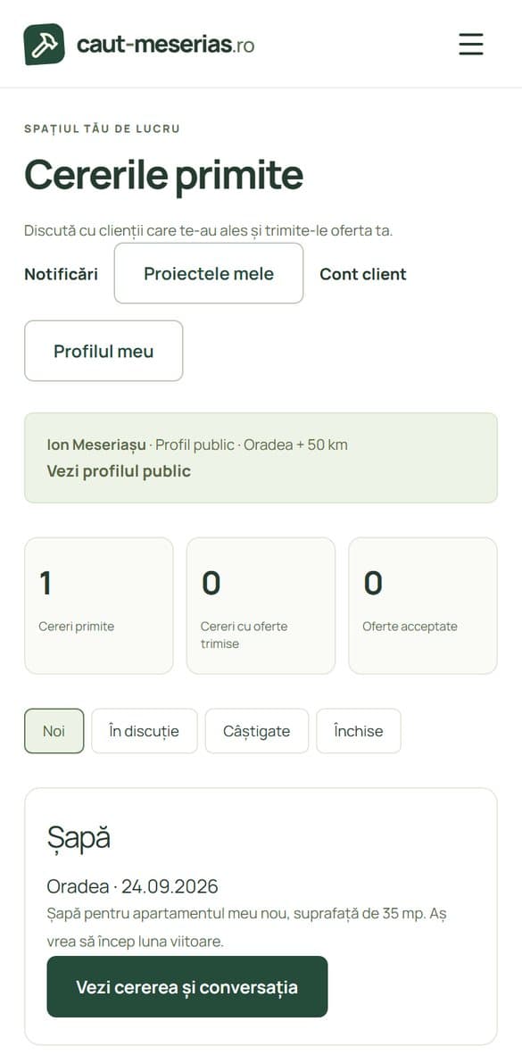 Contul de meseriaș cu o cerere nouă în lista Noi
