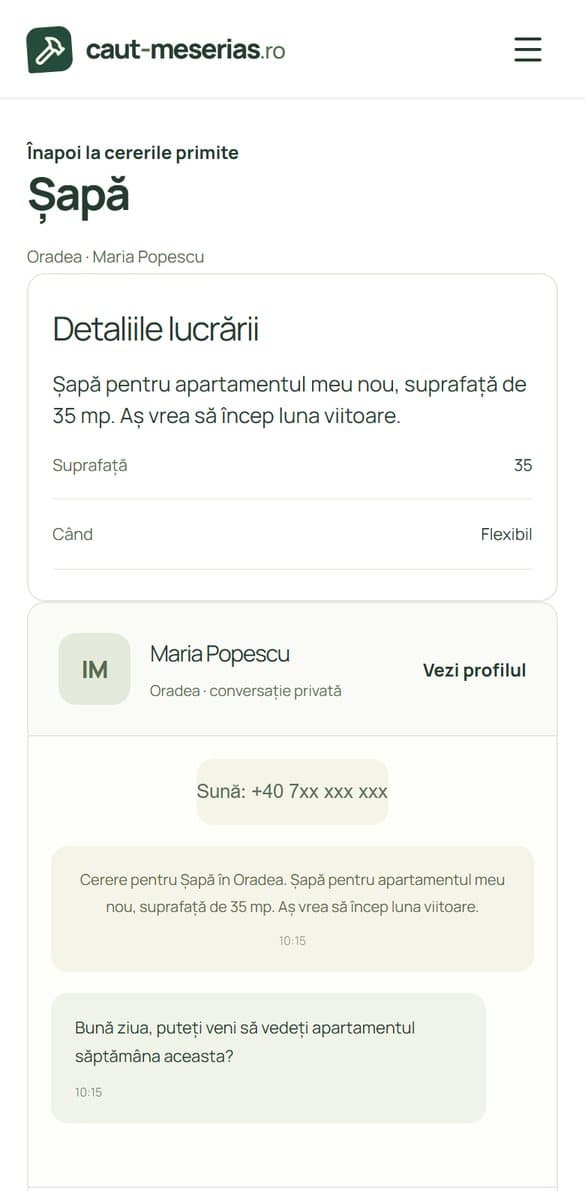 Pagina cererii: detaliile lucrării, numărul clientului și conversația