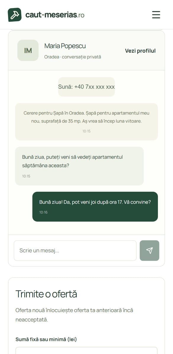 Conversația cu mesajul meseriașului afișat în verde