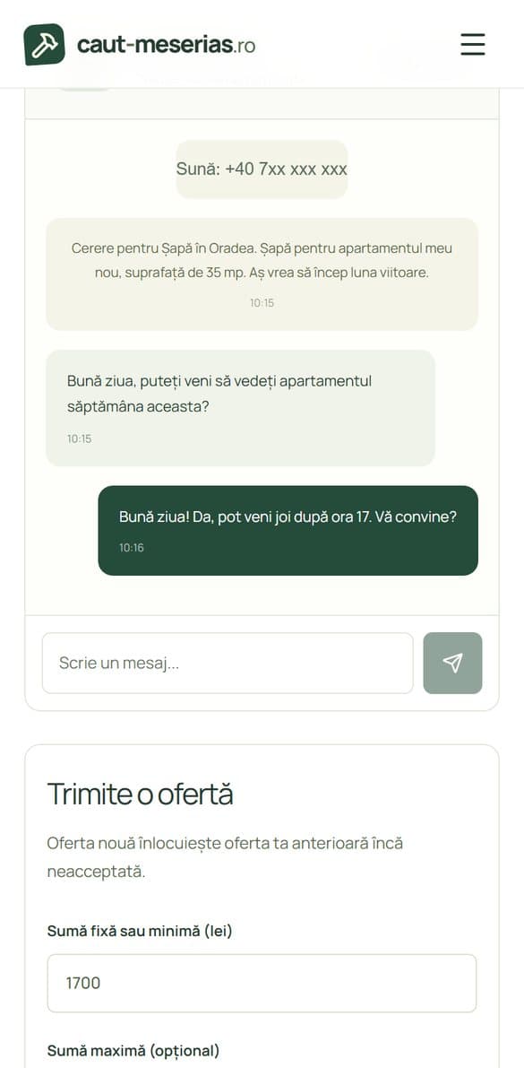 Formularul Trimite o ofertă, cu suma minimă și maximă completate