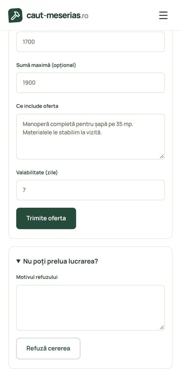 Secțiunea Nu poți prelua lucrarea, cu câmpul pentru motiv și butonul Refuză cererea