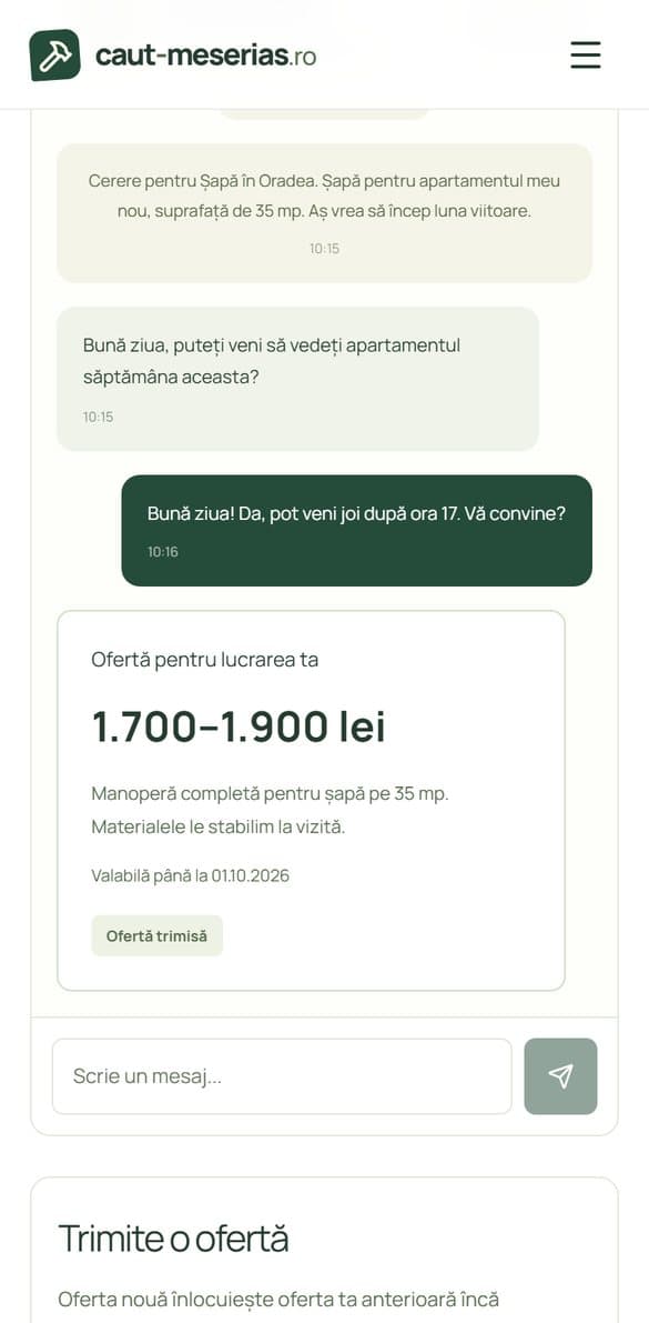 Conversația cu cartonașul ofertei de 1.700 până la 1.900 lei și eticheta Ofertă trimisă