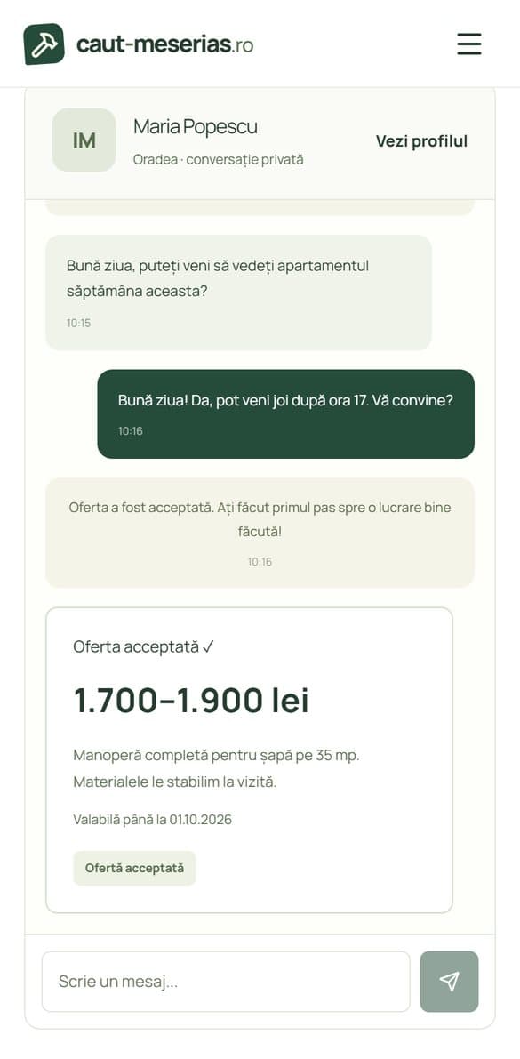 Conversația după acceptarea ofertei, cu mesajul de confirmare