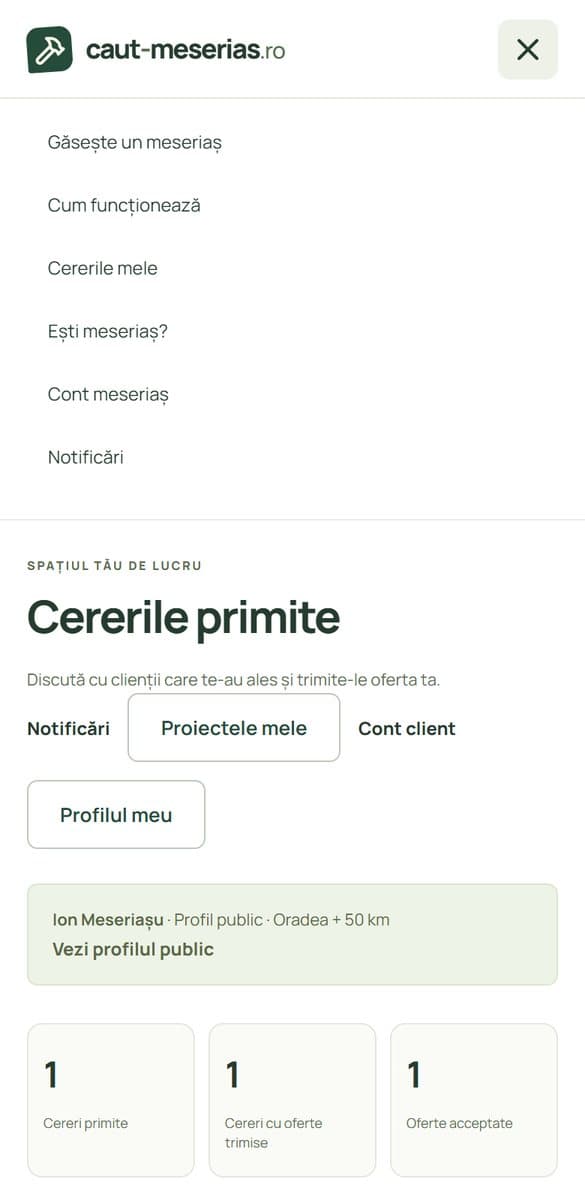 Meniul deschis pe telefon, cu Cont meseriaș și Notificări